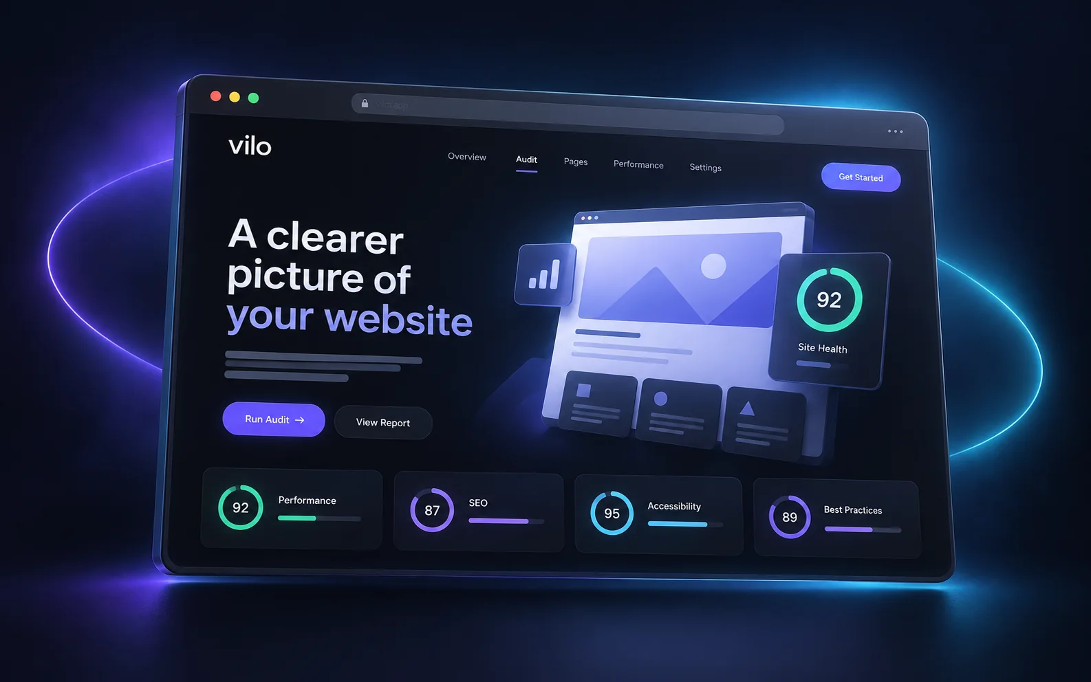 Janela de navegador com uma prévia do site Vilo e indicadores de auditoria